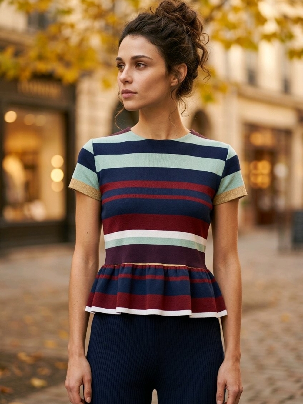 ZARA Trafaluc Multicolor Striped Peplum Top with Gold Lurex Trim
